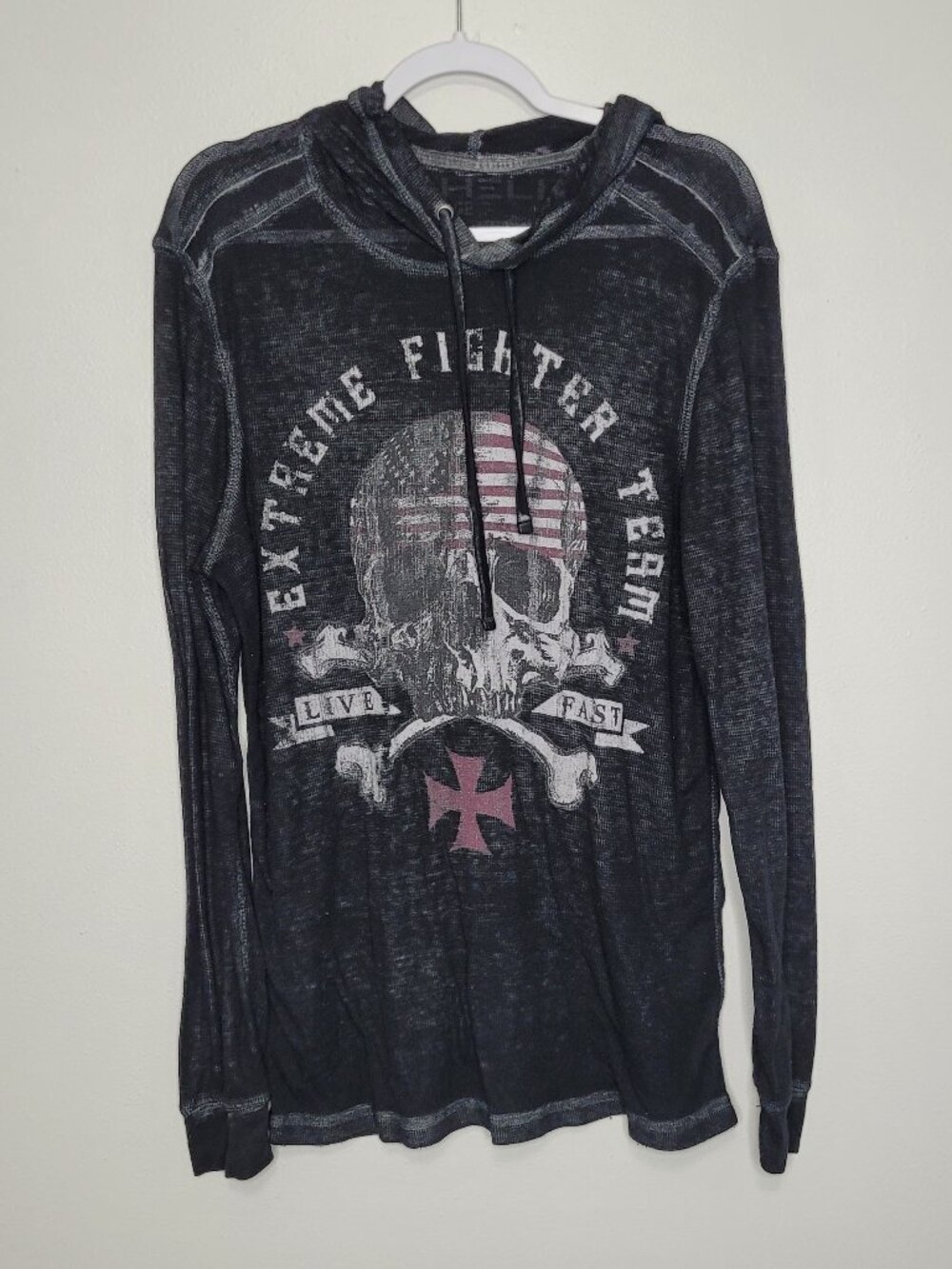 Y2k Helix black semi sheer emo scene rock cyber goth long sleeve with hood large